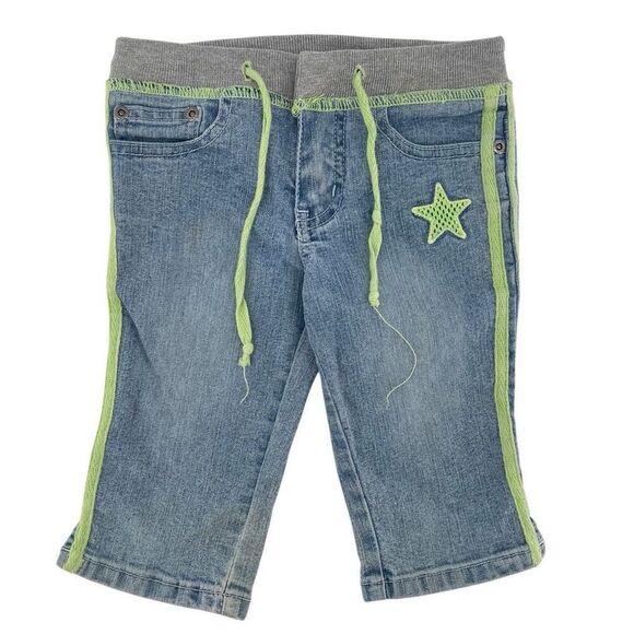 Y2K Girls 2-Piece Outfit – Green Embellished Tee & Denim Striped Capris, Size 4 - Picture 3 of 16